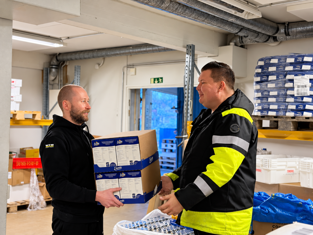 Kaksi miestä keskustelee varastotilassa, kun toinen pitelee pahvilaatikkoa ja toinen ottaa sitä vastaan hyllyjen ja tavarapinojen keskellä.